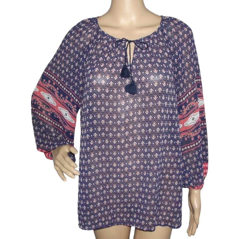 Liz Claiborne Blouse Large navy blue coral peach geo floral peasant boho top